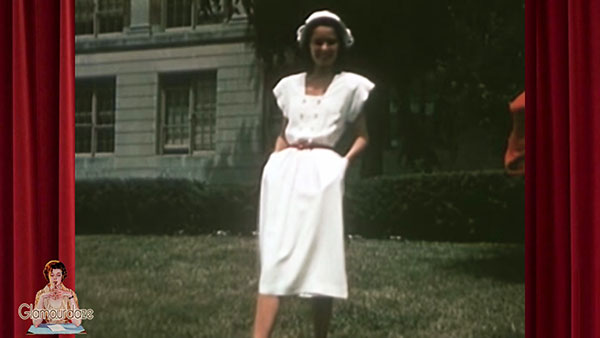 1940s college fashion - white dress and boxy jacket