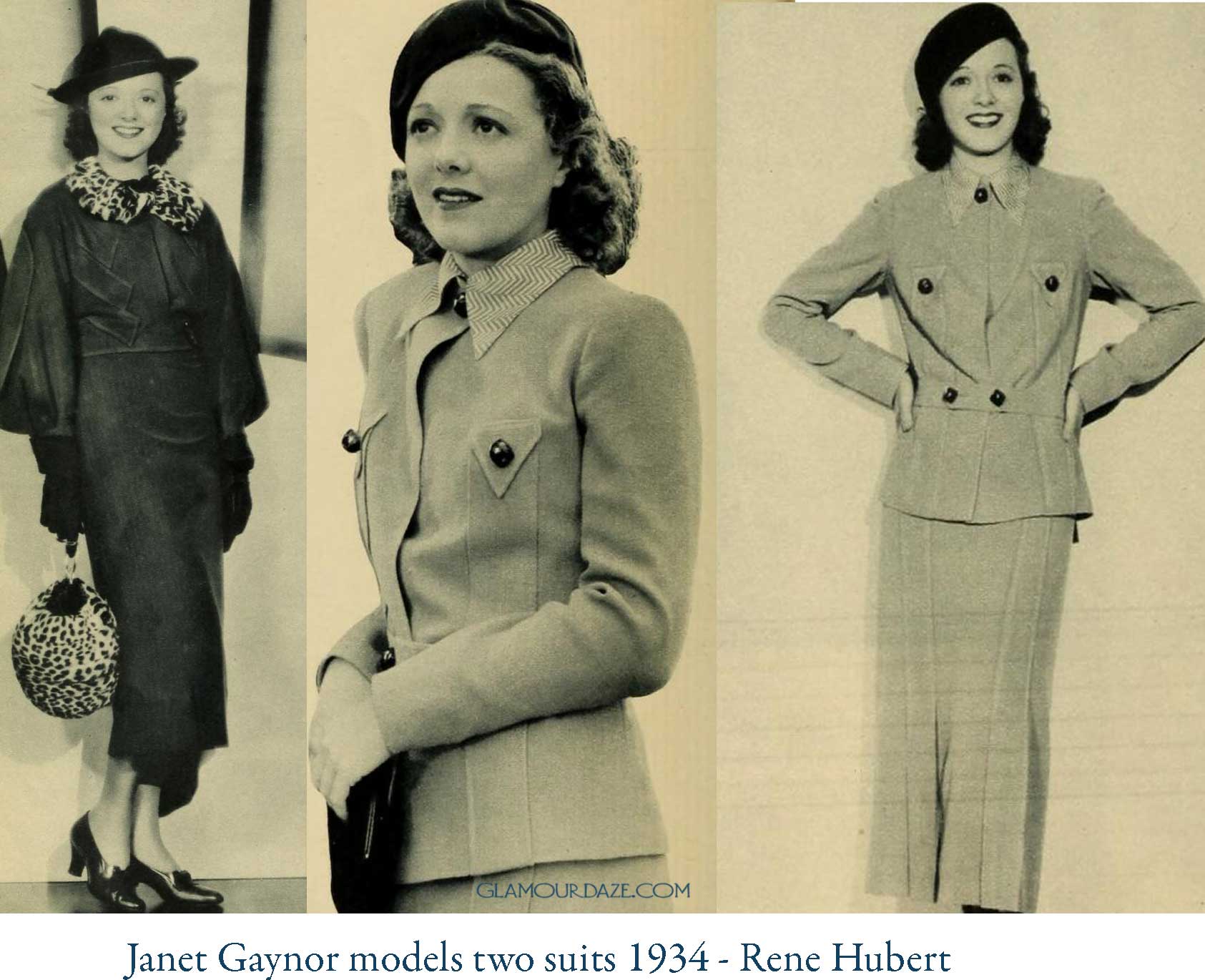 4 Janet Gaynor models two 1930s suits Rene Hubert designer