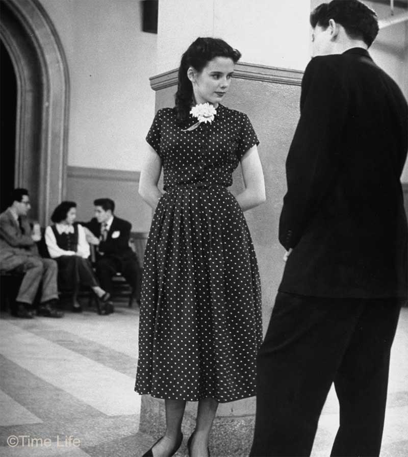 1940s-College-Style - blue polka dot dress worn by Madeline Balcar