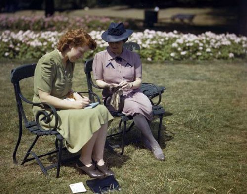 Two-women,-responding-to-the-'Holidays-at-Home'-campaign,-writing-post-cards-in-Hyde-Park,-London