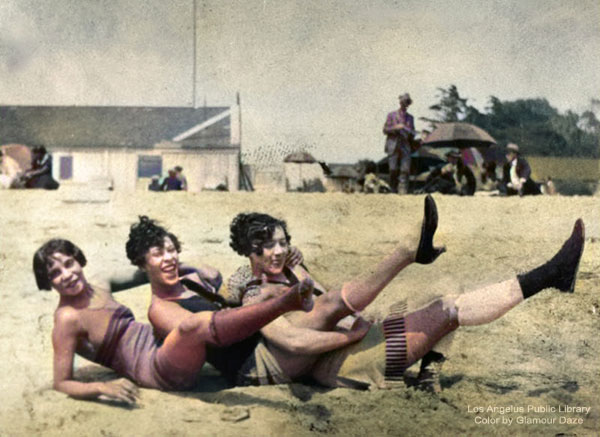 Three 1920's flappers at the beach