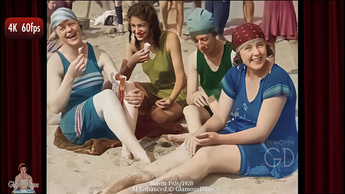 1920s flappers at the Beach - AI Colorized