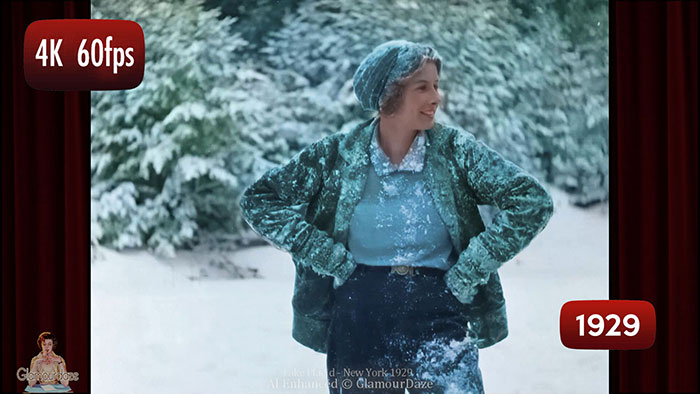 Lake Placid snowball fight in 1929. AI enhanced film