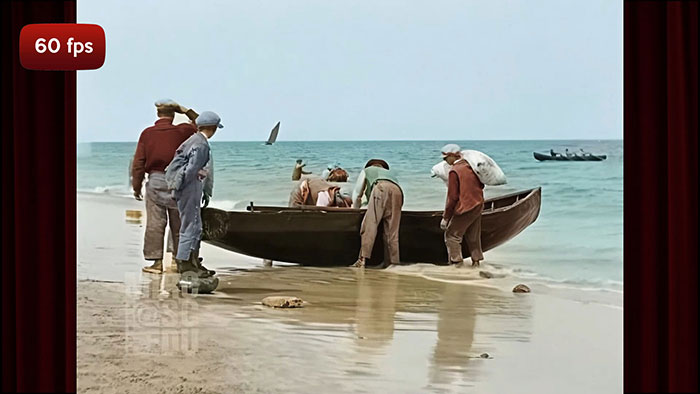 Aran islanders unloading a currach in 1929.