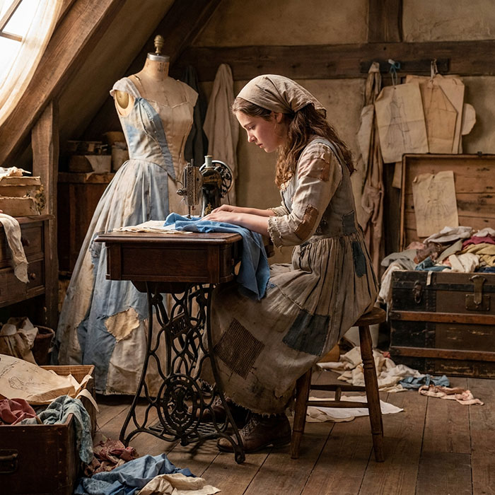 Cinderella works on her dress