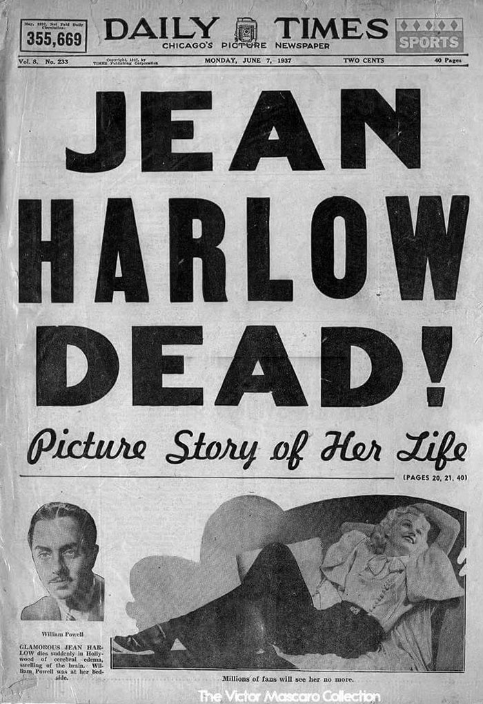 The death of actress J Harlow - news headline