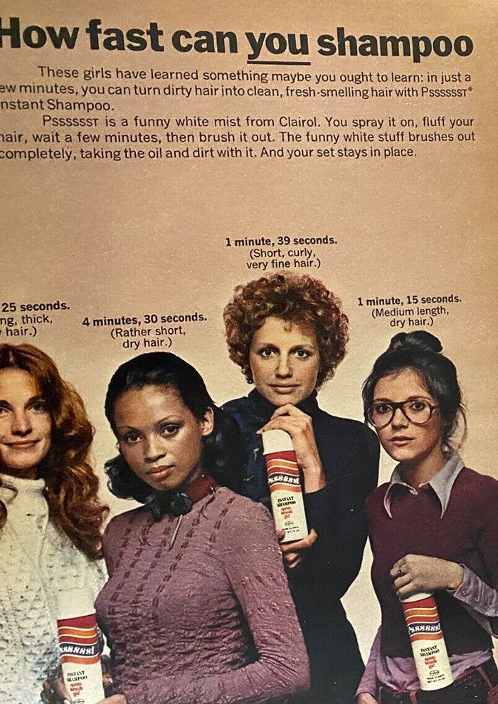 1970s advert for dry shampoo spray