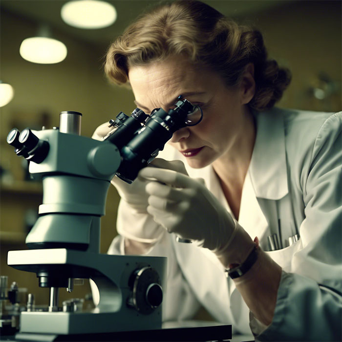 1940s era female scientist looks into a microscope