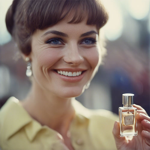 1960s woman holding a small bottle of perfume