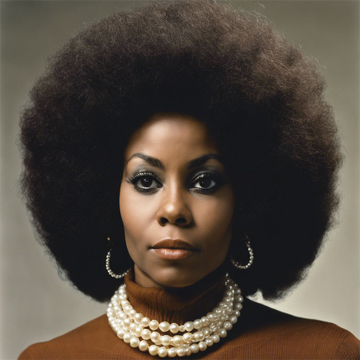 afro American woman wearing a turtleneck and pearls