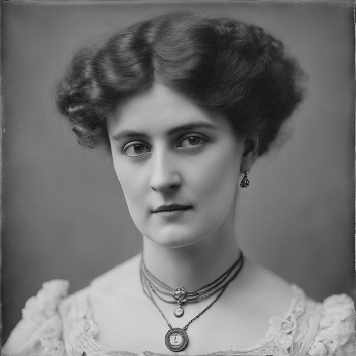 edwardian lady wearing an initial necklace