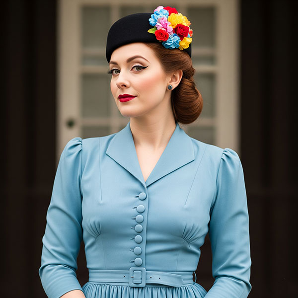 woman wearing a 1940s era pillbox hat adorned with flowers.