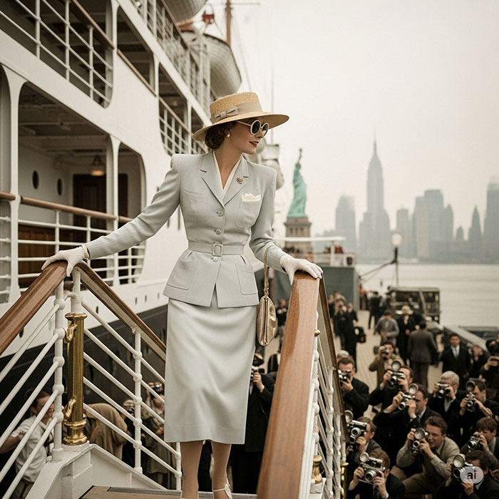 a glamorous 1930s actress disembarks from an ocean liner in New York in 1934