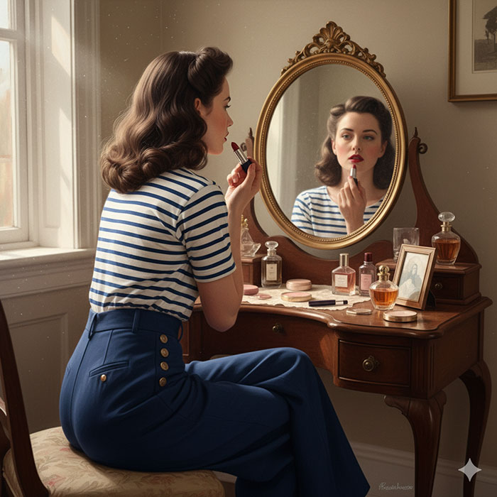 1940s styled woman in sailor pants and breton top, applies lipstick at her dressing table