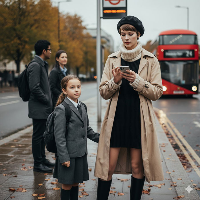 A 1960s-style woman stands at London bus stop