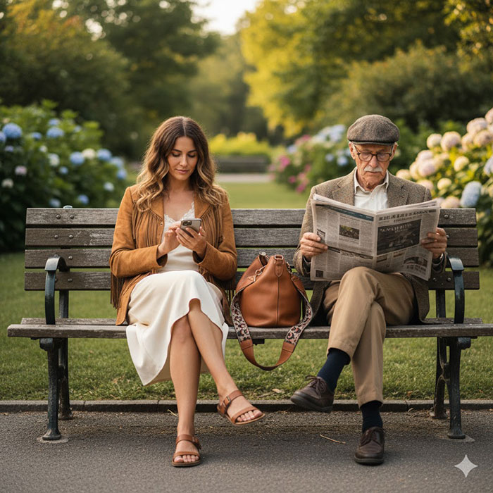 1970s styled woman sits on park bench