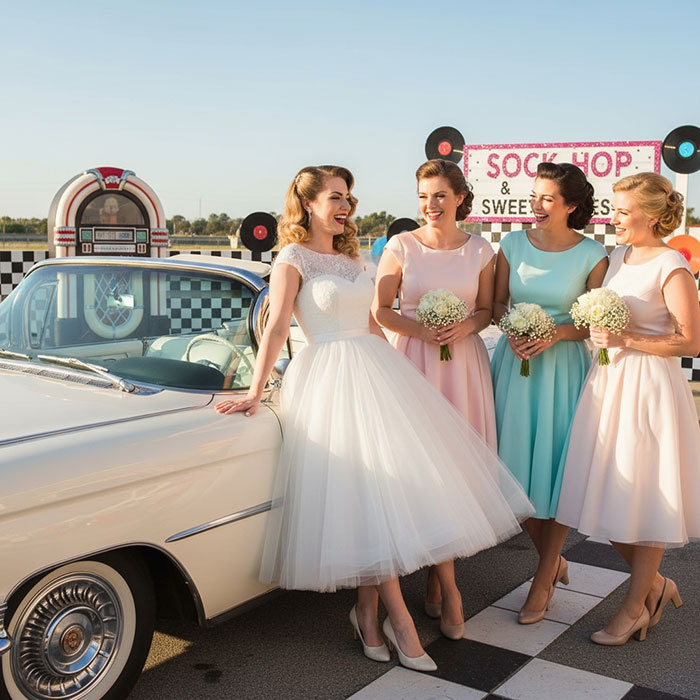 1950s themed bride and bridemaids