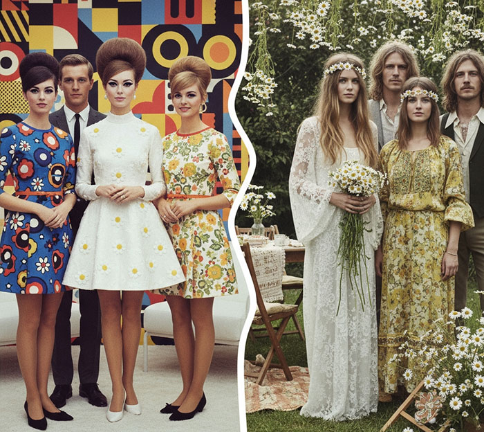 1960s themed wedding attire. Mod or hippy.