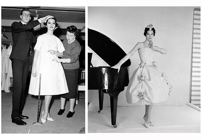 Yves-Saint-Laurent-passt-sein-Trapezkleid-für-Dior-am-Modell-Svetlana-Lloyd-1958 an